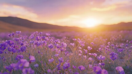 Obraz premium A Beautiful Sunset Over a Field of Purple Flowers in Bloom