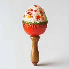 Artisanal Food Presentation on Wooden Stand with Vibrant Decorative Elements