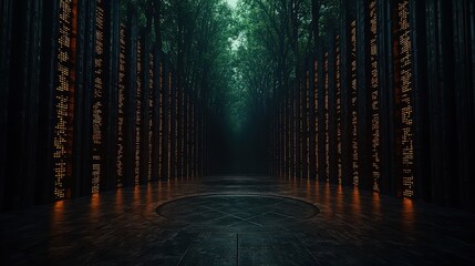 Ethereal forest encounterglowing binary code stream enchanted grove digital art mystical atmosphere wide angle futuristic concept