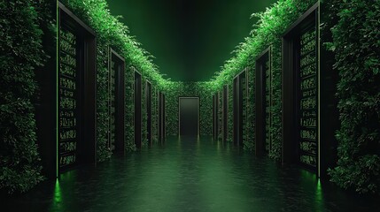 Digital forest of glowing binary code streams futuristic data center immersive green environment surreal perspective technology concept