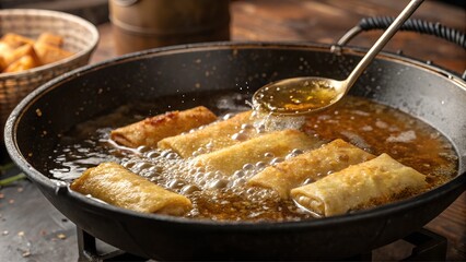Briouats frying in hot oil in a skillet with bubbling texture and steam rising