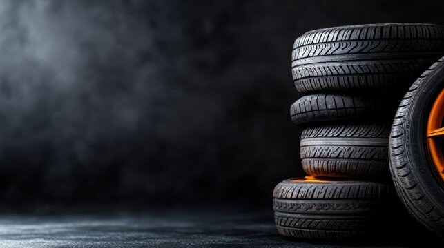 A group of tires stacked neatly in a workshop setting, with a subtle orange reflection lightly touching one tire, hinting at industrial vibrancy amidst darkness.