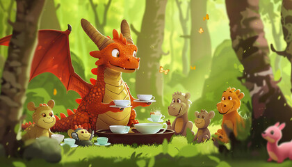 Fototapeta premium The friendly dragon organized a tea party for woodland creatures in a hidden grove