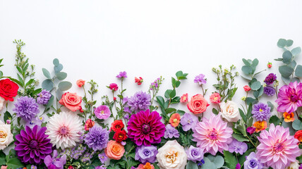 Obraz premium vibrant floral composition featuring colorful roses, dahlias, and greenery, creating cheerful and lively atmosphere. Perfect for celebrations and events