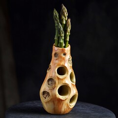 Asparagus spears in a unique wooden holder with geometric shapes