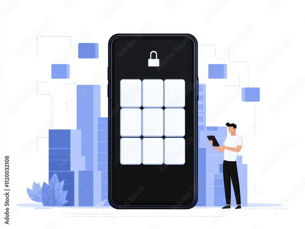 Aufkleber a man interacts with a locked smartphone interface featuring a grid, set against abstract blue and w