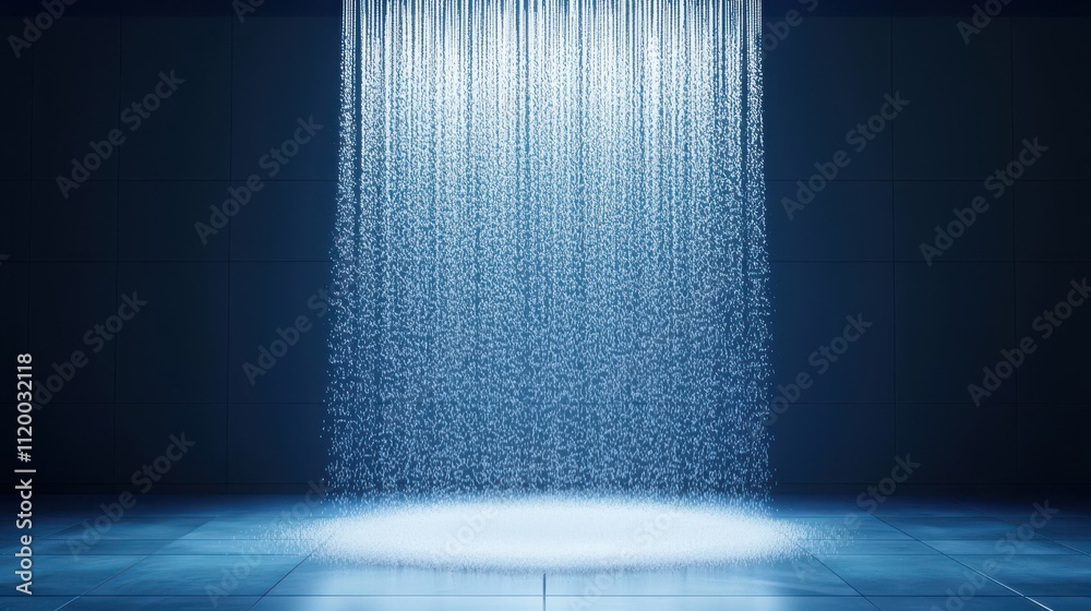 Fototapete a serene blue light illuminates a cascading waterfall effect, creating a tranquil and immersive atmo