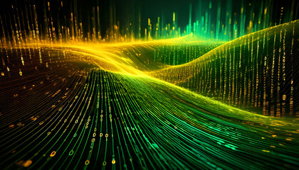 Flowing stream of binary code in green and yellow hues, representing data transfer and technology