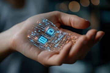 The intricate holographic circuit patterns displayed on a palm conveys a deep connection between humans and advanced technology in a creative visual narrative.
