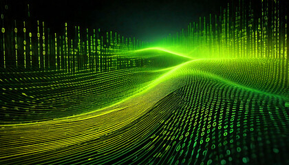 Flowing stream of binary code in green and yellow hues, representing data transfer and technology