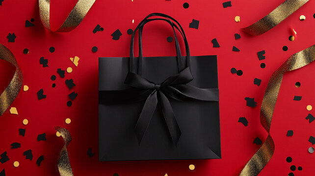 Elegant black paper shopping bag with ribbon on red background, surrounded by festive confetti and ribbons, perfect for special occasions and gift giving