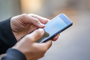 Closeup of male hands using smart phone, blurred trendy background. Man use mobile phone outdoors. Day light. Unrecognizable person touching smartphone screen. Unknown boy holding cellphone outside