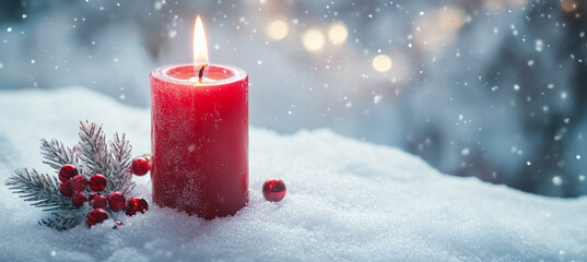 red candle surrounded by snow and festive decorations creates warm, cozy atmosphere. gentle snowfall adds magical touch to this winter scene