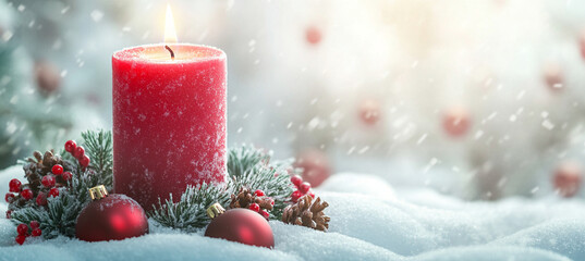 festive red candle surrounded by snow, pine branches, and ornaments creates warm holiday atmosphere. scene captures essence of Christmas with serene, snowy backdrop