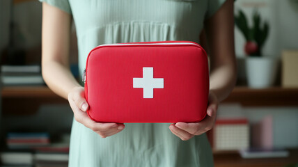 person holding red first aid kit with white cross symbol, showcasing preparedness and care. This emphasizes safety and health essentials in home setting