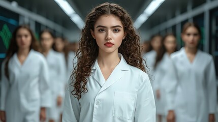 Scientific breakthrough in dna sequencing research lab photorealistic visualization modern setting focus on female scientist