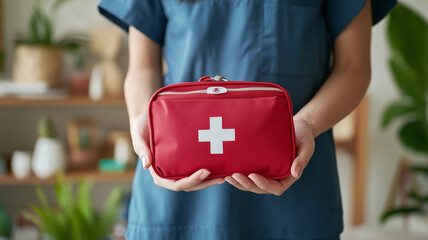 Close up of hands holding red first aid kit, symbolizing health and safety. kit features white cross, ideal for emergencies and medical needs