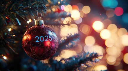 Christmas tree with four balls hanging on it with the inscription 2025. Abstract background of Christmas attributes with the next year number. High quality photo