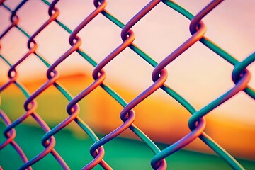 Fototapeta premium Colorful Chain Link Fence Close Up Vibrant Sunset Background Abstract Patterns