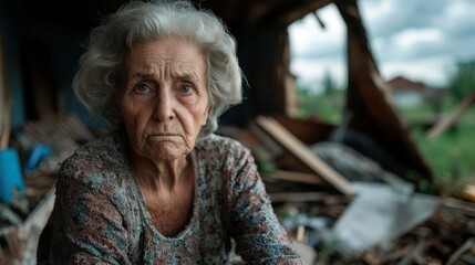 An elderly woman in a textured sweater sits solemnly in front of a backdrop of rubble, highlighting themes of loss, reflection, and resilience during hardship.
