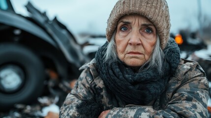 Obraz premium An elderly woman with a wool hat stands before a storm-damaged car, embodying resilience and courage amidst the aftermath of disaster and chaos.