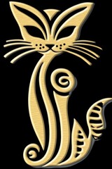 Elegant gold stylized cat illustration on black background.