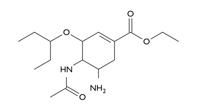 oseltamivir molecule, structural chemical formula, ball-and-stick model, isolated image antiviral drug