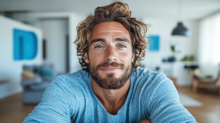 Obraz premium A casually dressed man with long wavy hair and a beard is seated comfortably in a bright, contemporary living room, providing an air of charm and openness.