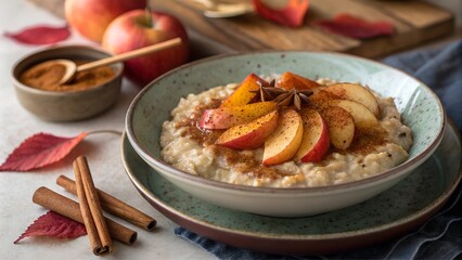 Spelt porridge topped with caramelized apples and cinnamon in a rustic setting