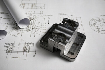 Metal part lying on engineering drawing with rolled blueprints, illustrating mechanical engineering...