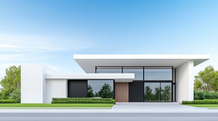 Modern minimalist house with large windows and sleek design.