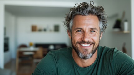 A man with gray streaks in his wavy hair shows a broad smile while relaxed in a modern apartment, exuding warmth and confidence in a casual green shirt.