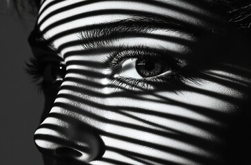 Close-up of a woman's face, double exposure with a striped shadow pattern
