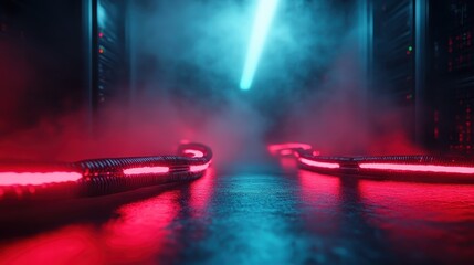 Red-illuminated cables snake across a misty tech server room floor, representing digital infrastructure and connectivity in a high-tech environment scene.