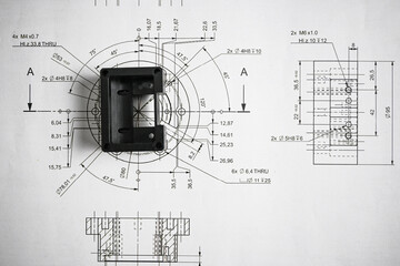Black plastic prototype lying on a technical drawing with measurements, angles, and section views