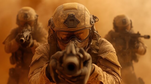 Three soldiers in tactical gear advance forward through a dusty desert, embodying courage, determination, and resilience within a military operation.