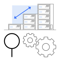 Buildings increase in size, blue arrow pointing up, magnifying glass, two gears. Ideal for business growth, data analysis, scaling, development success strategy and optimization themes. Line