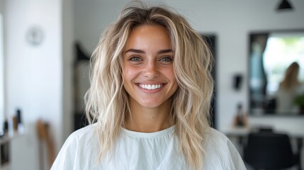 Fototapeta premium A woman with blonde hair is beaming in a well-lit salon, pleased with her new hairstyle. The chic environment highlights her dedication to self-care.