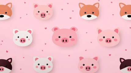 Cute pig and dog faces pattern on pink background.