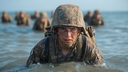 Naklejka premium A soldier, covered in mud and clad in camo, half-emerges from murky waters, portraying determination and endurance during a water-based military maneuver.