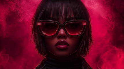 Mysterious african female with red sunglasses in smoky background