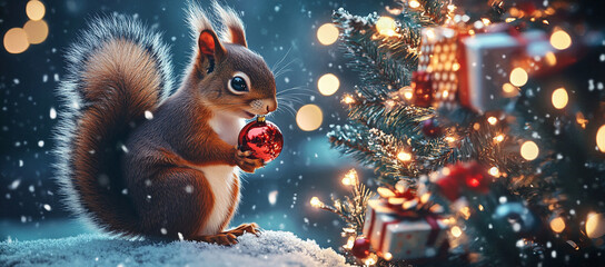 Cute squirrel holding Christmas ornament near decorated tree, surrounded by snow and festive lights, creating joyful holiday atmosphere
