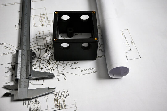 Metal caliper resting on technical engineering drawings with a black plastic part, showcasing precision and manufacturing