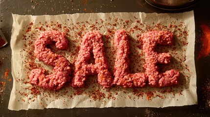 Creative meat display featuring sale announcement on parchment paper