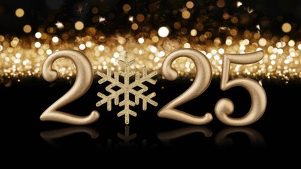 Festive sparkle: golden new year 2025 with glittering snowflake decoration