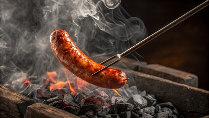 Chorizo sausage grilling over open flames with smoky atmosphere