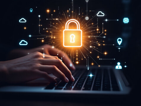 Cybersecurity im Fokus &ndash; H&auml;nde tippen auf Laptop, von digitaler Grafik schweben mit dem Schloss-Symbol, Cloud und Netzwerksymbolen vor Hintergrund ein- und bin&auml;rem Code