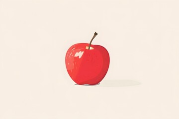 Detailed Red Apple Drawing with Shadow on Beige Background with copy space
