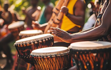 Close up of hands playing traditional African drums during a lively performance.