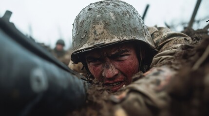 A determined soldier is captured mid-crawl in thick mud, eyes set ahead, exemplifying bravery and focus amidst dire battlefield conditions.